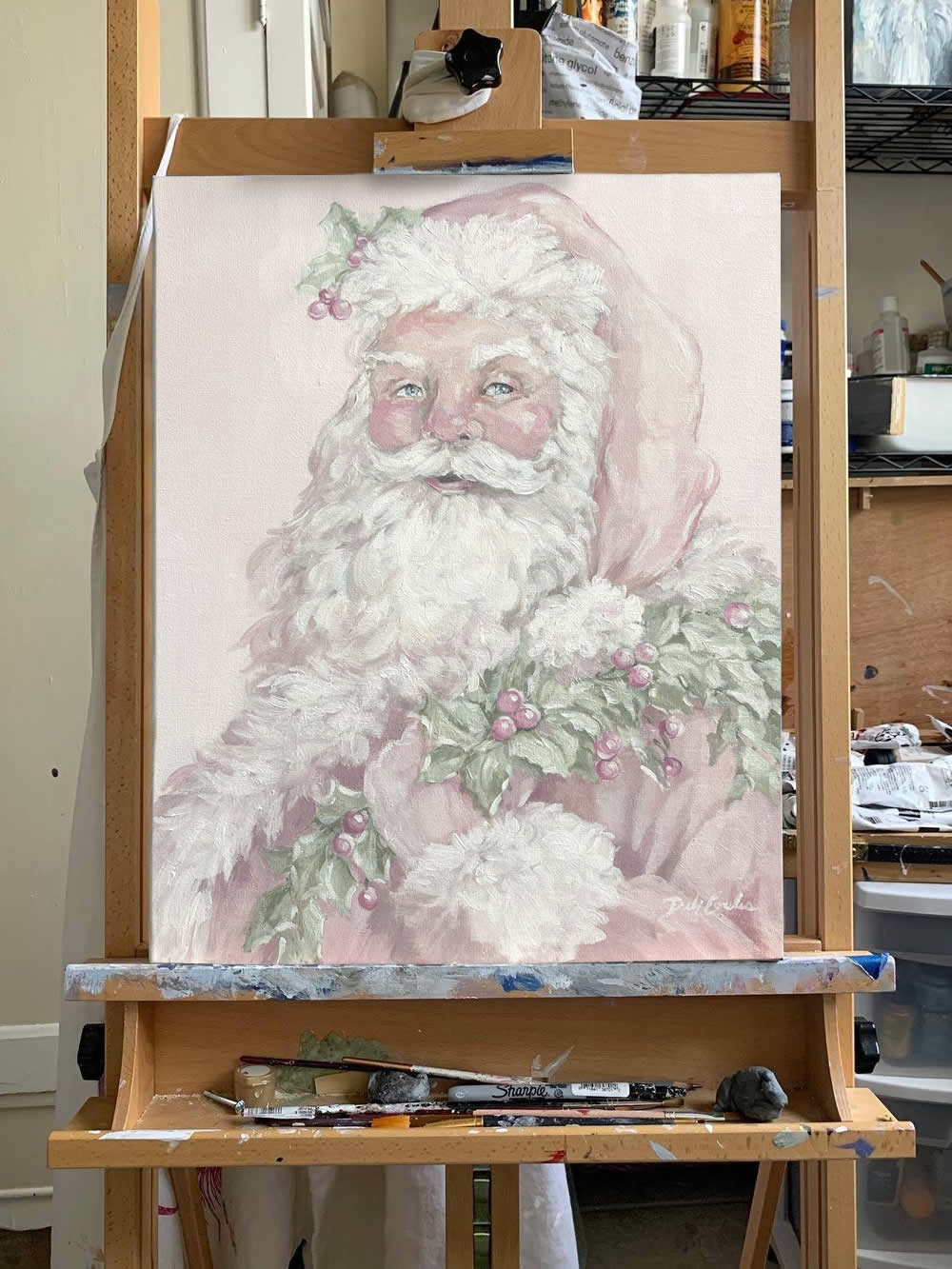 Pink Santa Painting by Debi Coules